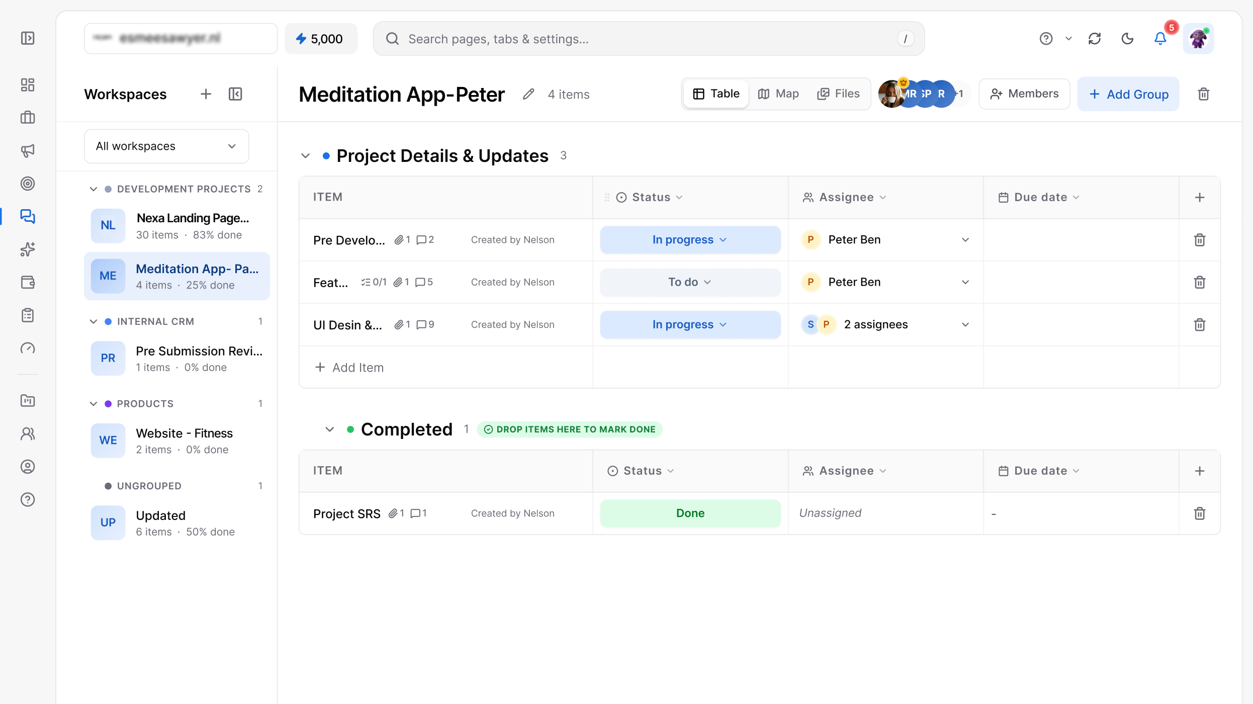 Tryneth CRM workspace with projects, tasks and team
