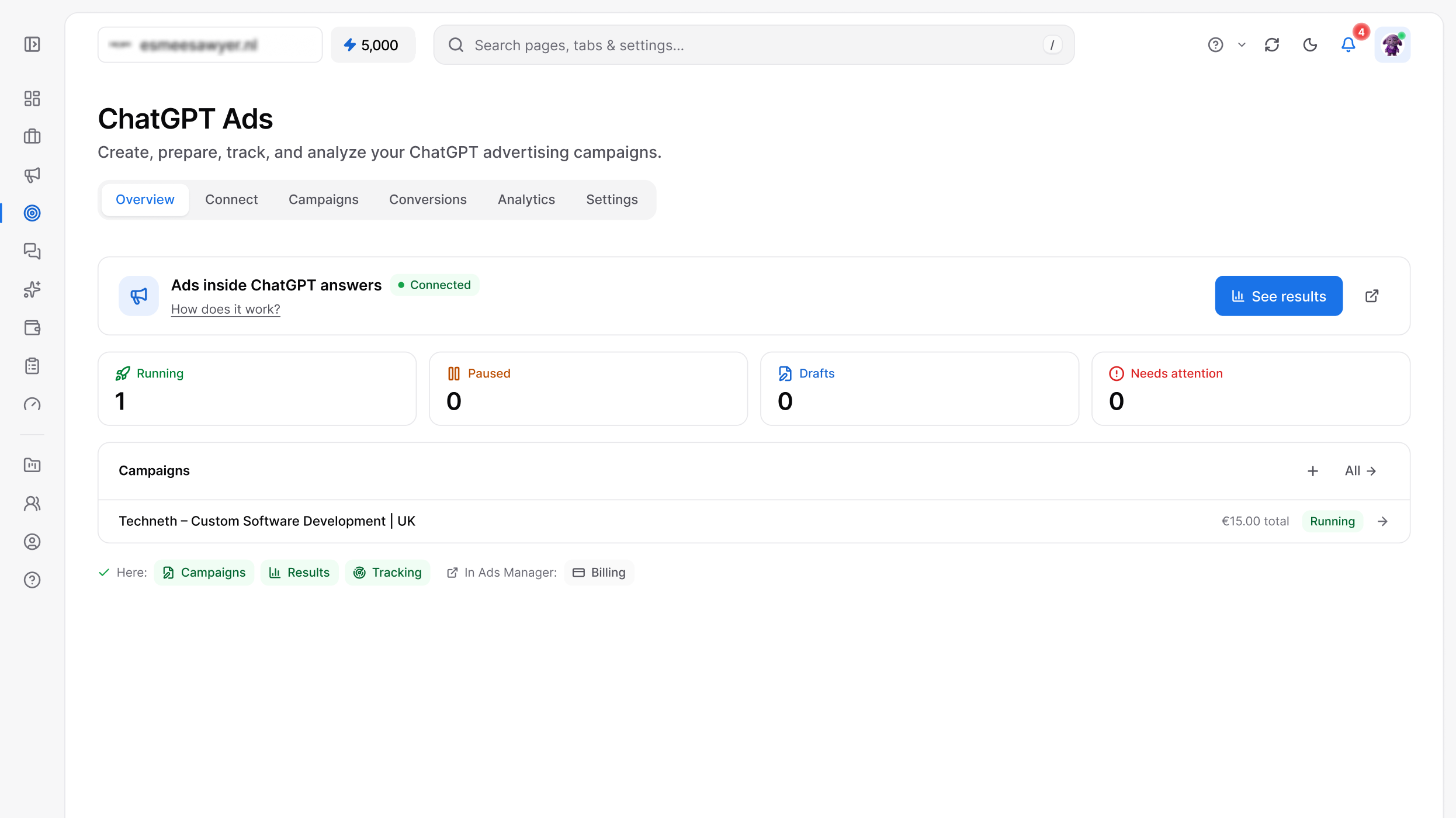 GPT Ads in the Tryneth dashboard