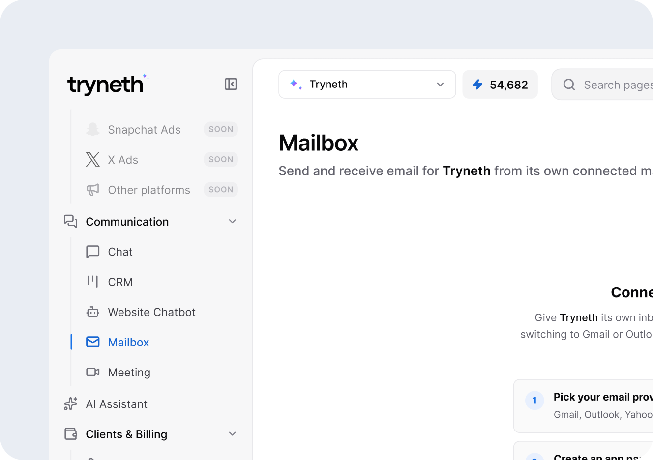 Mailbox in the Tryneth dashboard