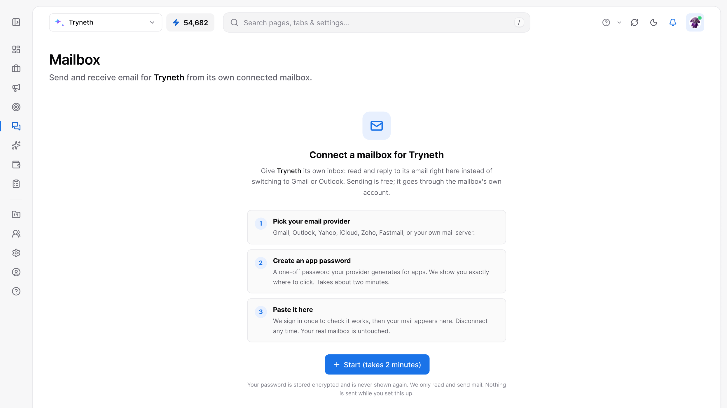 Mailbox in the Tryneth dashboard