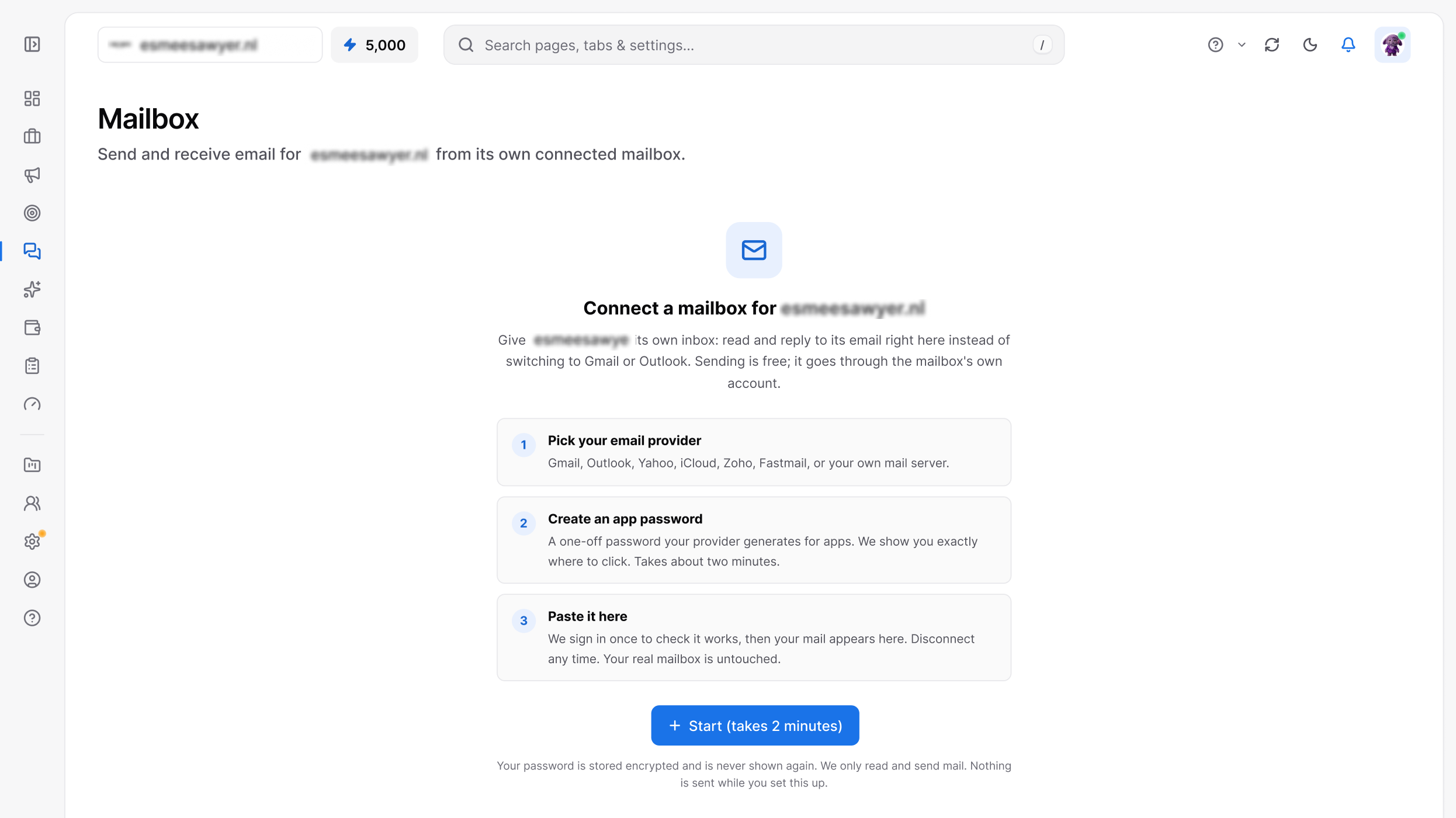 Mailbox in the Tryneth dashboard