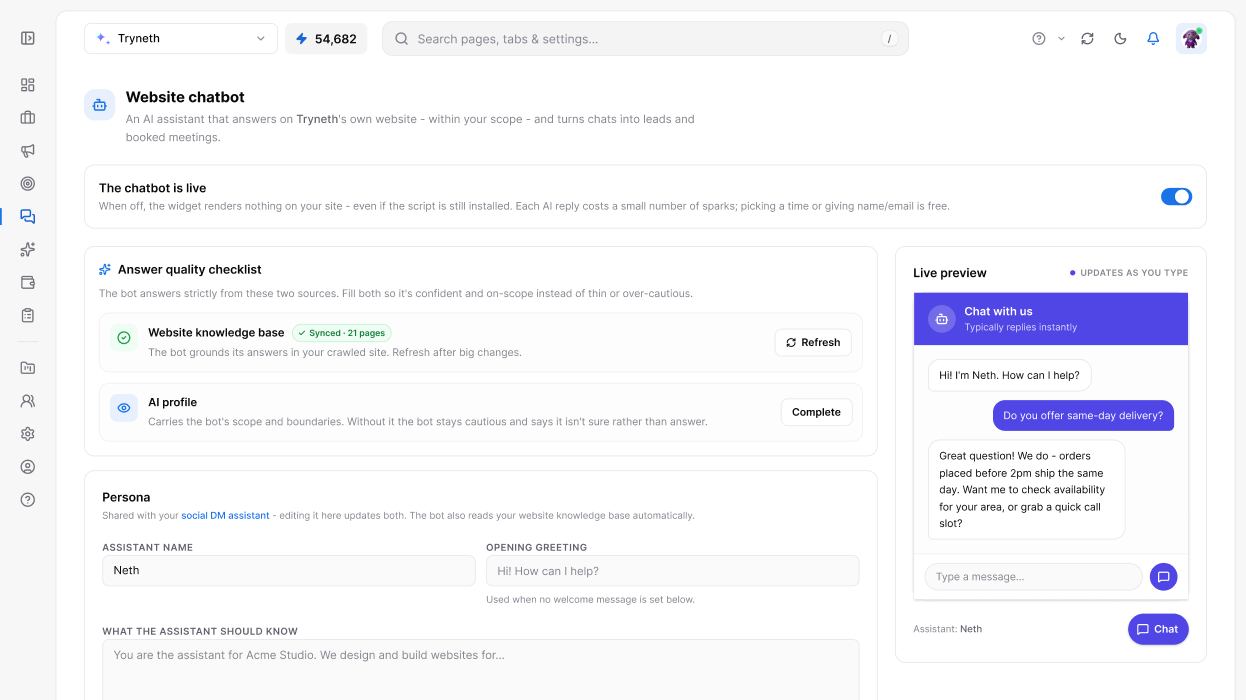 Website Chatbot in the Tryneth dashboard