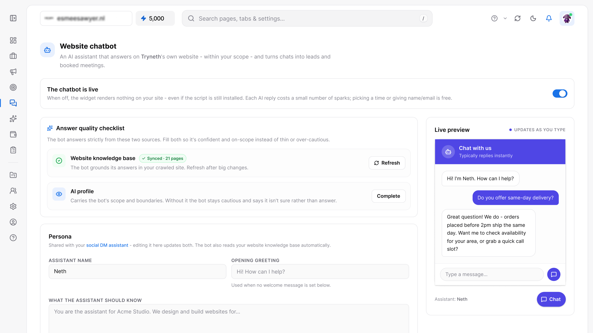 Website Chatbot in the Tryneth dashboard