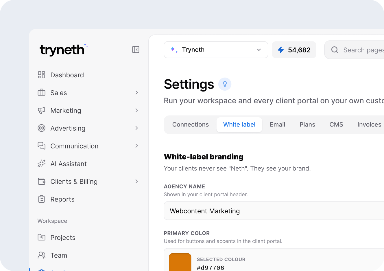 White Label in the Tryneth dashboard