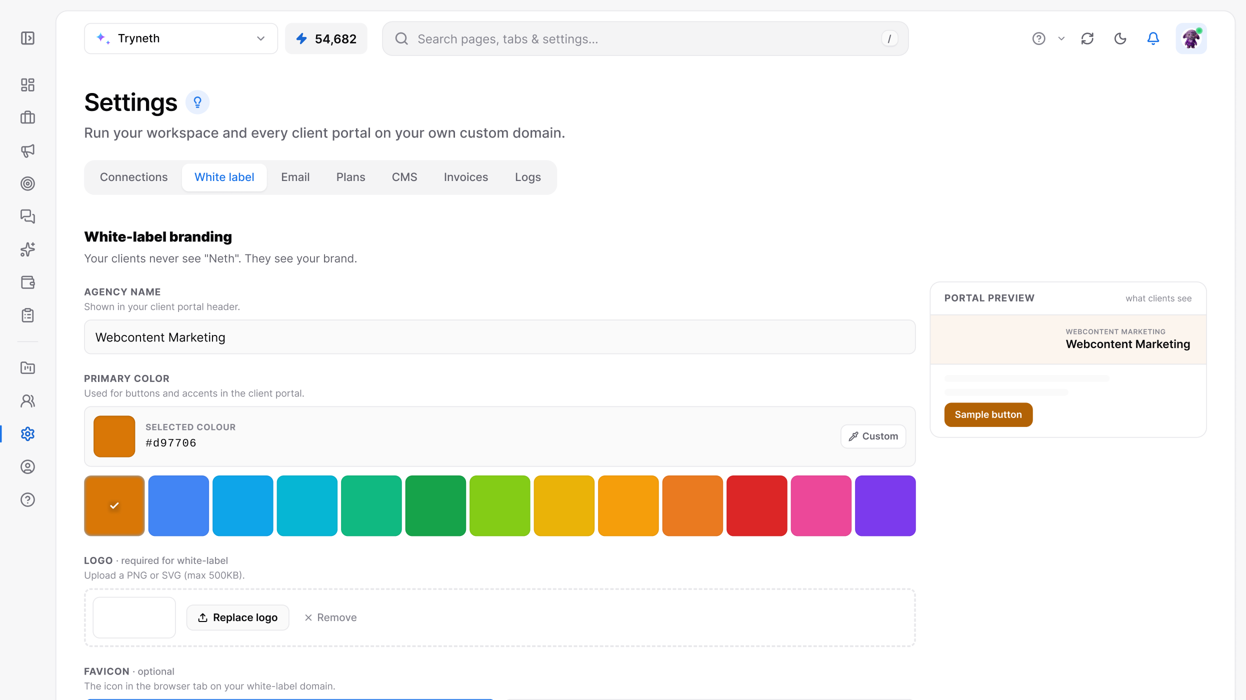 White Label in the Tryneth dashboard