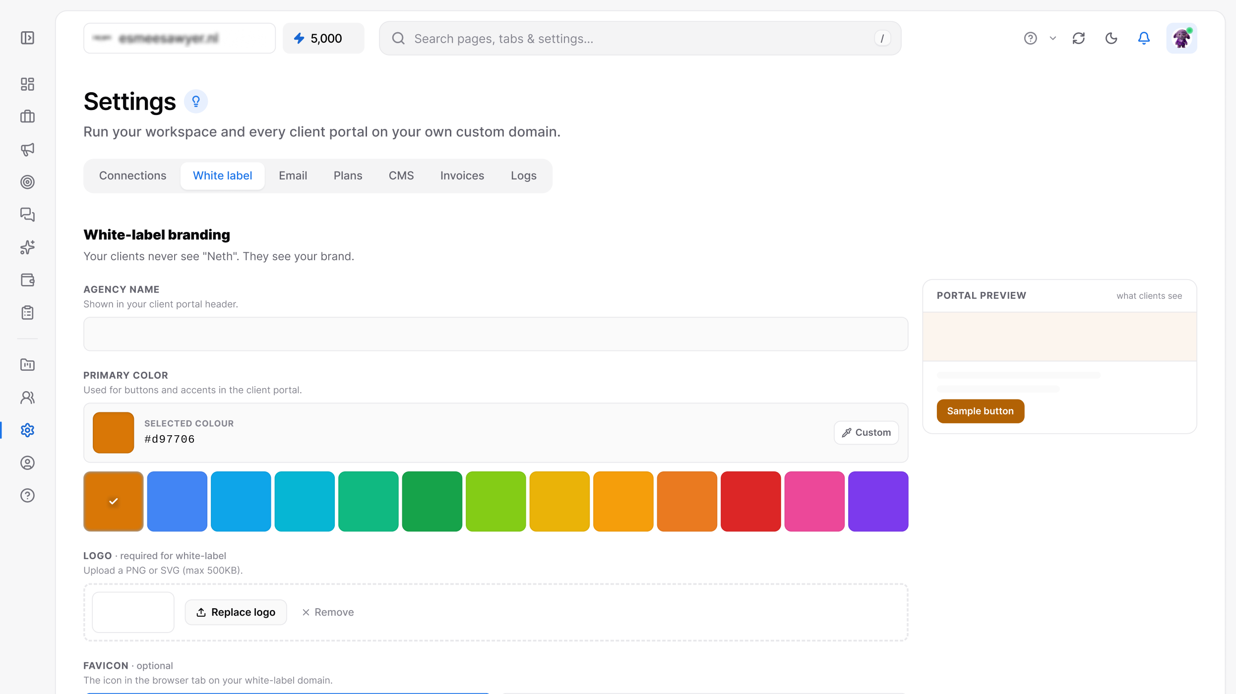 Tryneth white label settings with an agency's own branding
